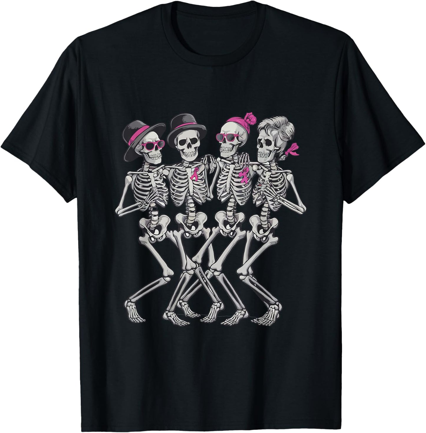 Pink Ribbon Skeleton Halloween Breast Cancer Awareness T-Shirt - T-Shirt | Black