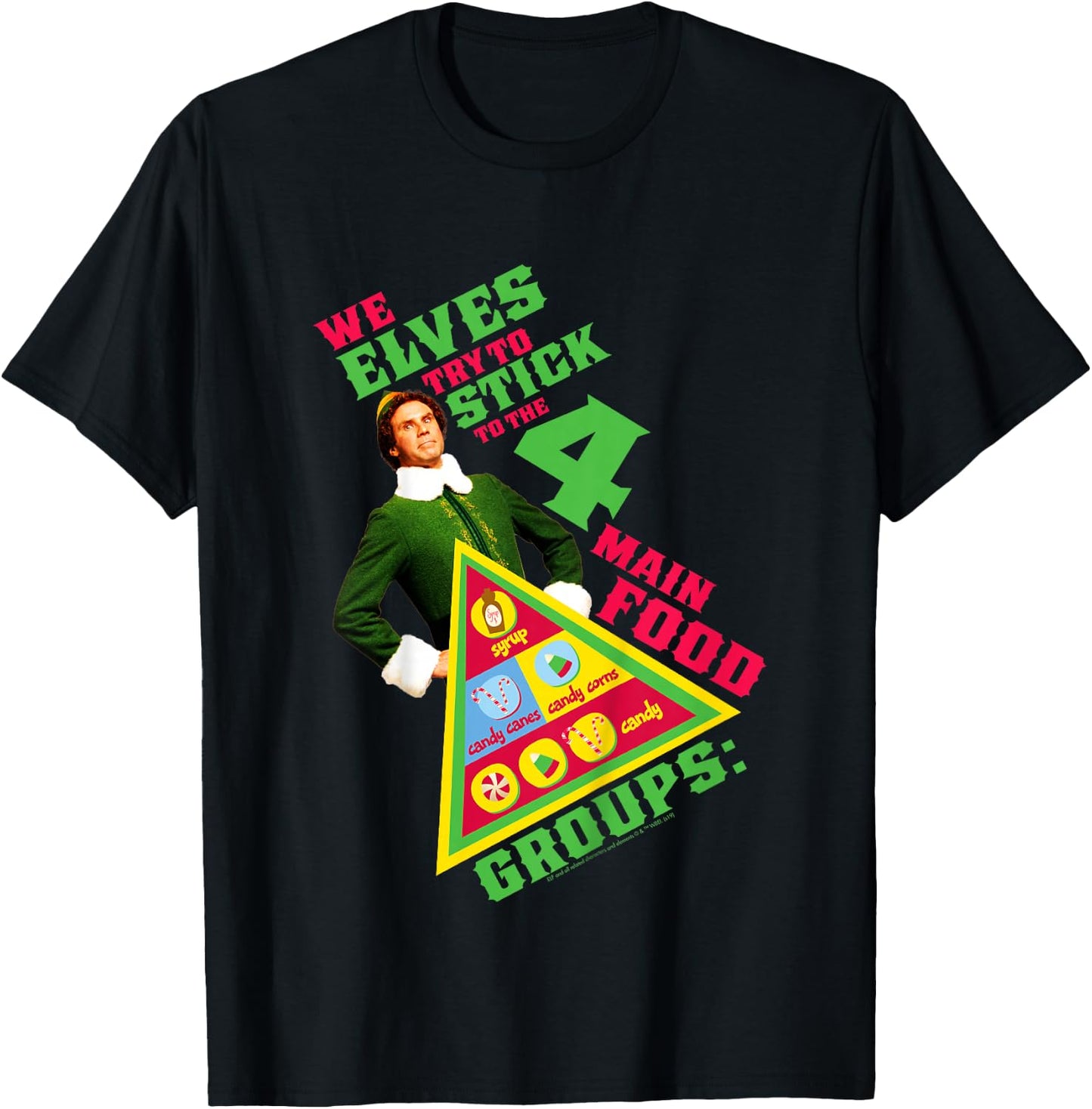 Kids Elf Buddy Four Main Food Group Pyramid Text Portrait T-Shirt - T-Shirt | Black
