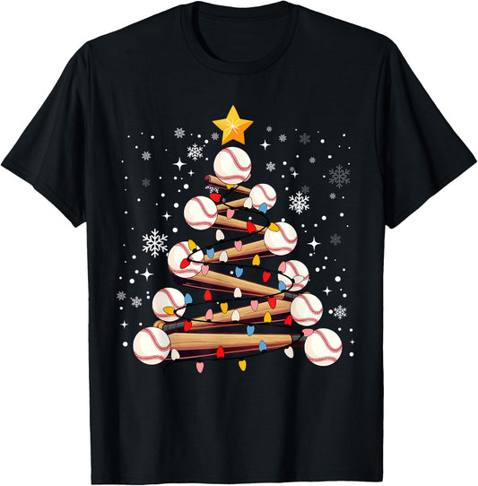 Baseball Christmas Tree Light Xmas Baseball Boys Kids T-Shirt - T-Shirt | Black