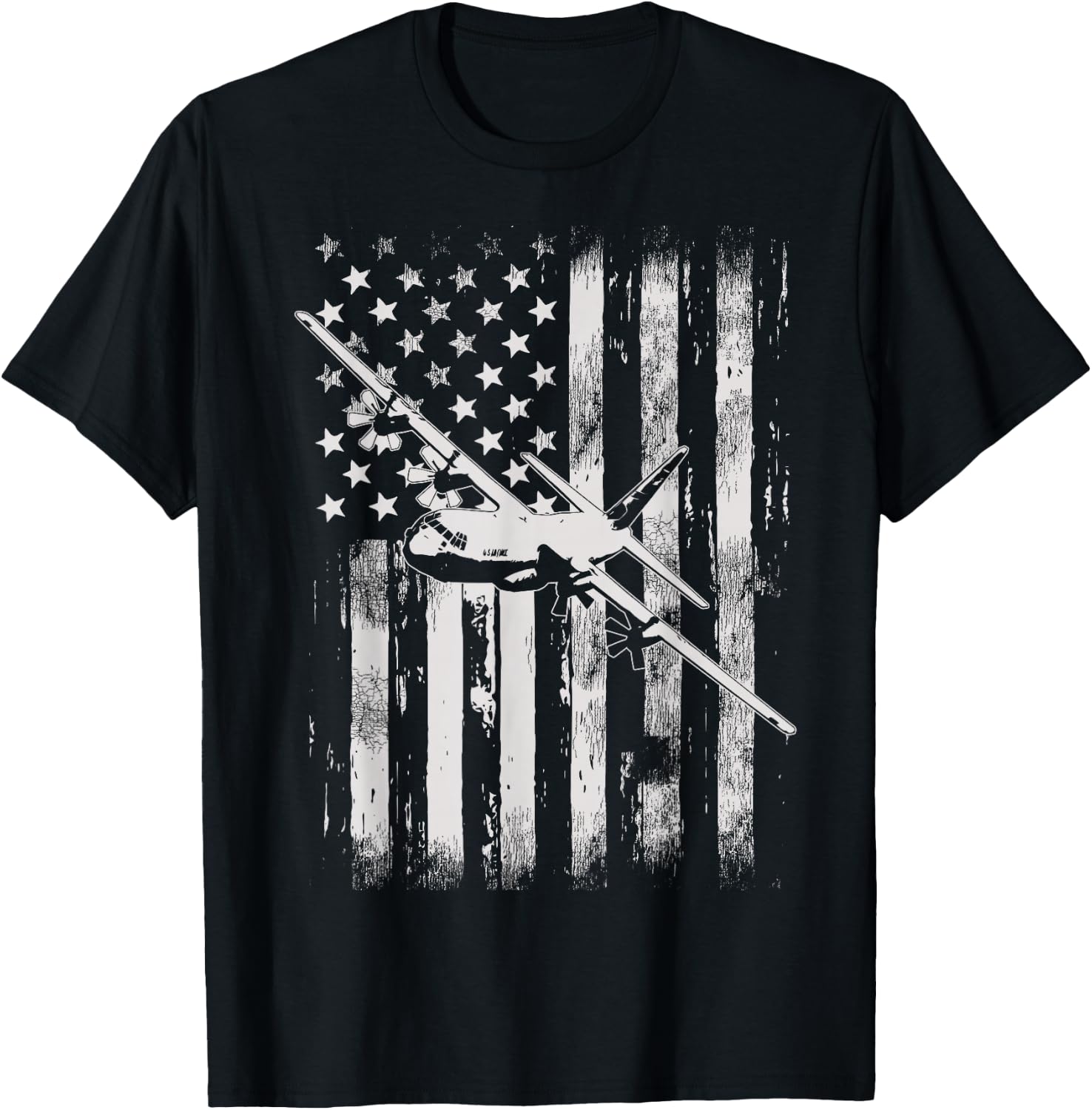 C-130 Hercules Military Aircraft American Flag T-Shirt - T-Shirt | Black