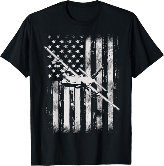 C-130 Hercules Military Aircraft American Flag T-Shirt - T-Shirt | Black