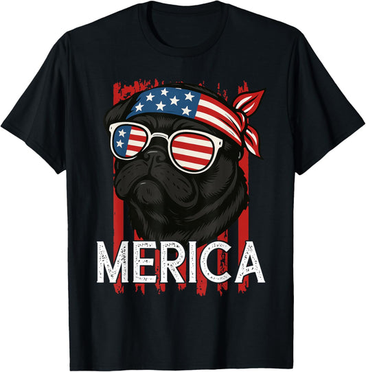 Merica Pug With American Flag Sunglasses Patriotic Dog T-Shirt - T-Shirt | Black
