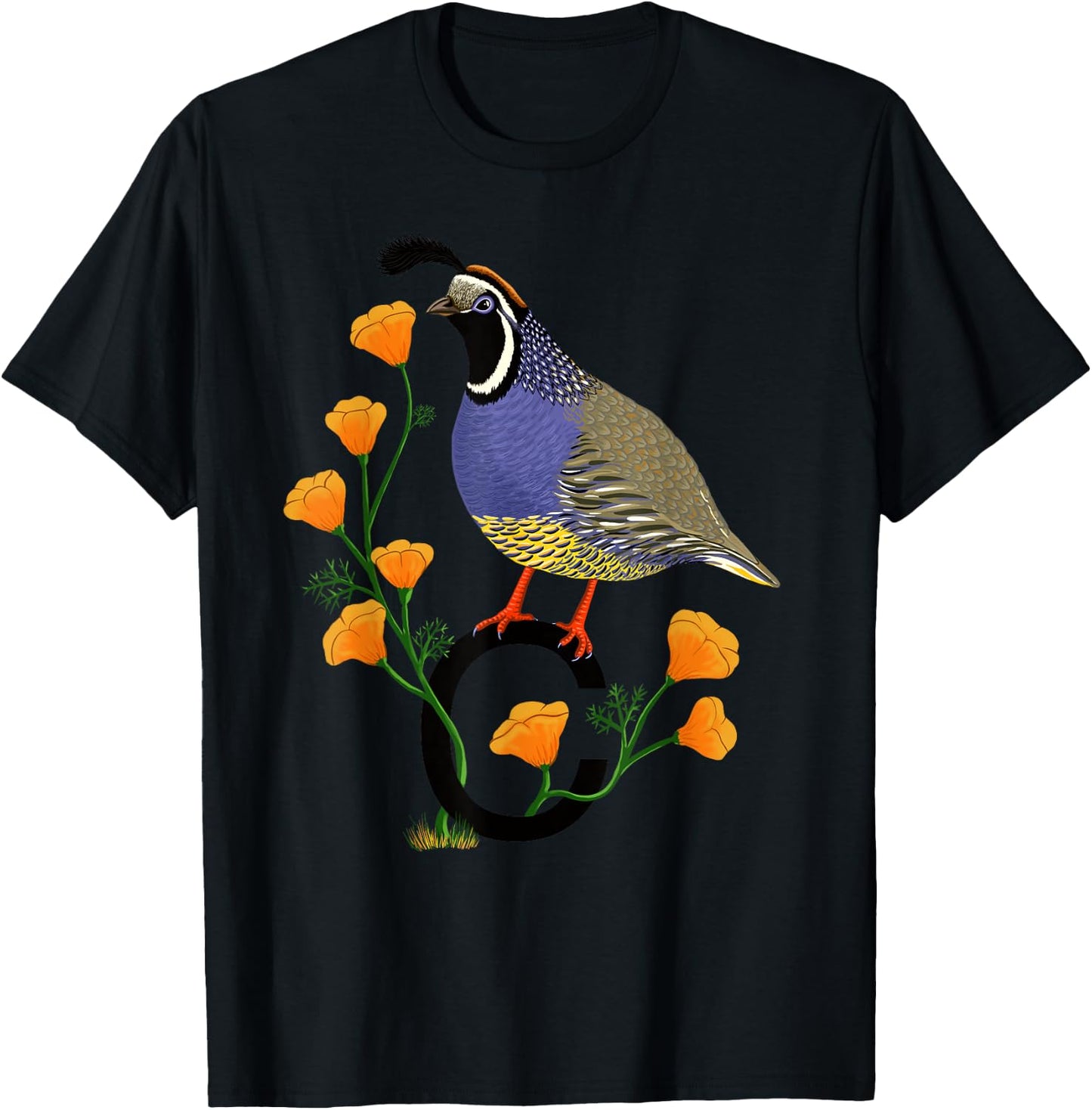 California Quail State Bird Californian Poppy Flowers T-Shirt - T-Shirt | Black