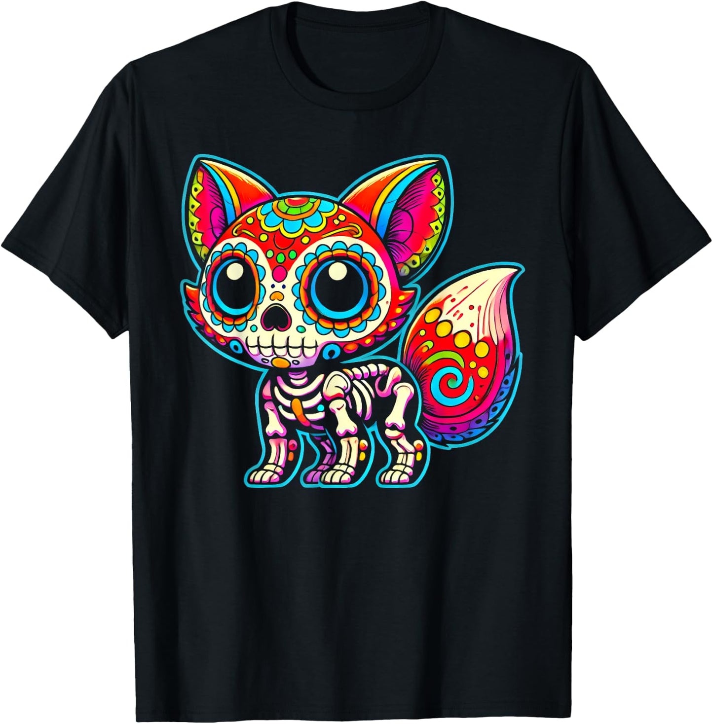 Colorful Sugar Skull Fox Day of the Dead Skeleton Art Lover T-Shirt - T-Shirt | Black