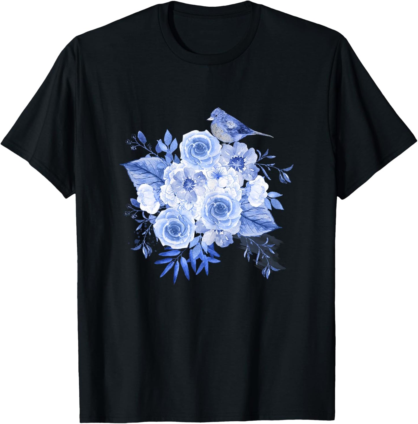 Blue flowers with bird floral design and Girl T-Shirt - T-Shirt | Black