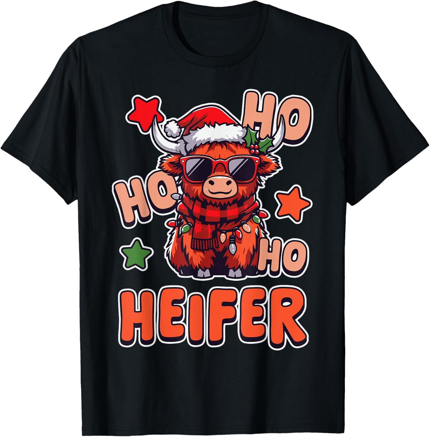 Ho Ho Ho Heifer Funny Christmas Highland Cow Holiday T-Shirt - T-Shirt | Black