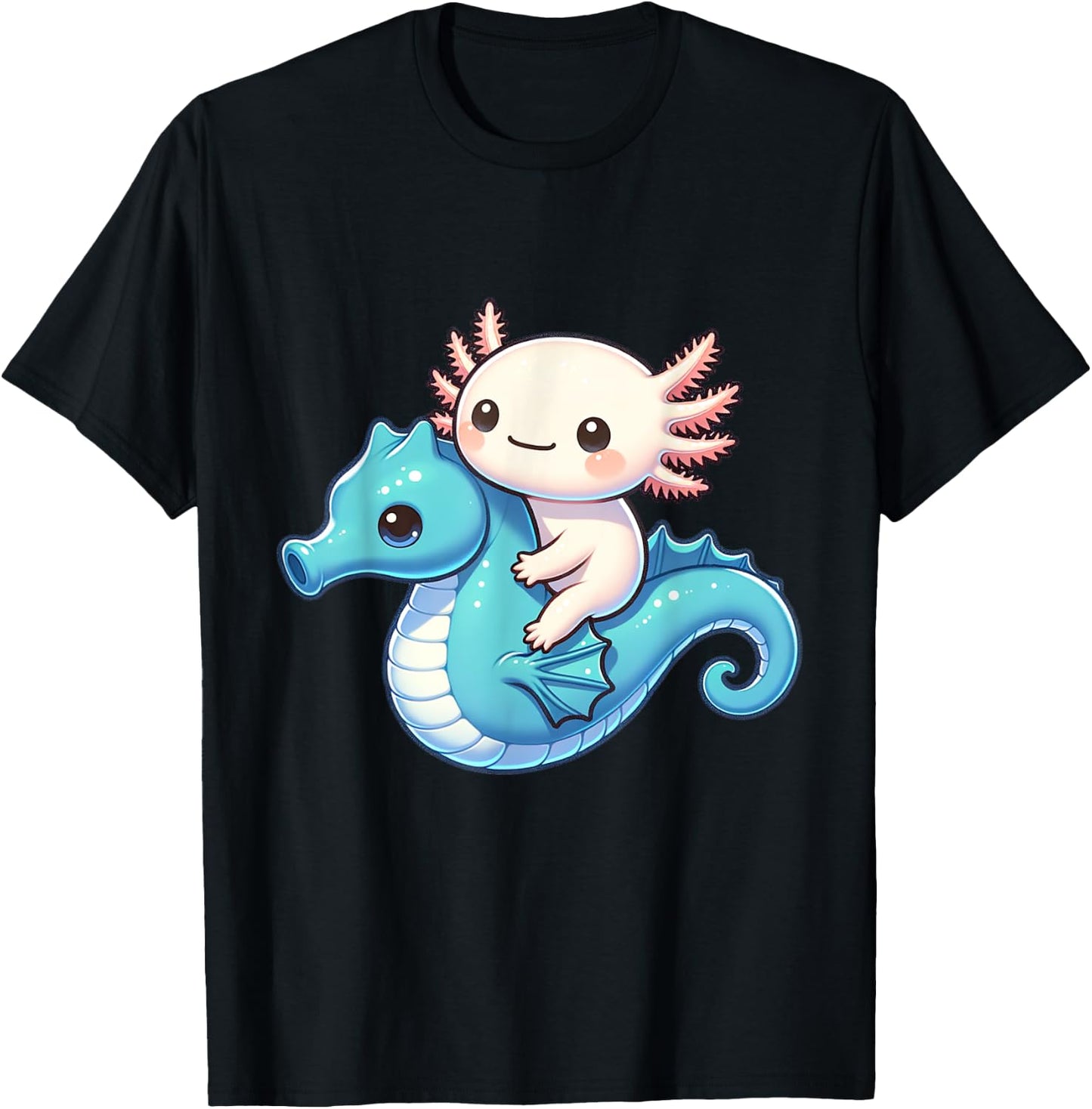 Cute Axolotl Riding A Seahorse. Funny Axolotls And Seahorses T-Shirt - T-Shirt | Black