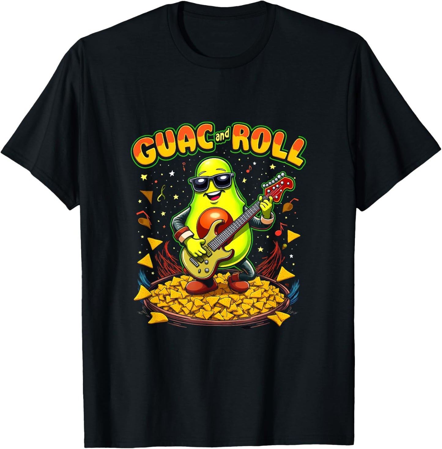 Guac and Roll Funny Avocado Rock Music Nacho Lover Gift T-Shirt - T-Shirt | Black