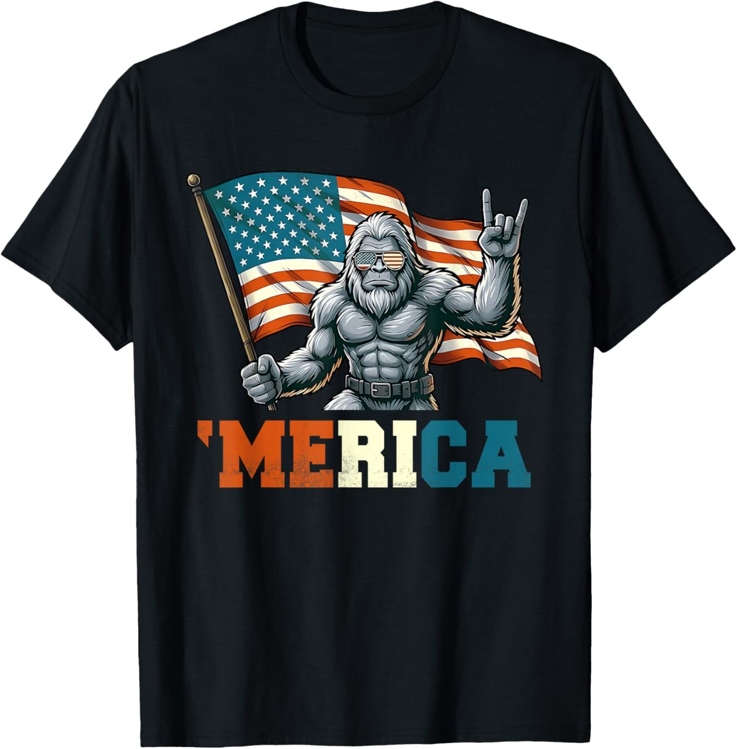 Bigfoot Sasquatch American Flag Patriotic Fourth of July Men T-Shirt - T-Shirt | Black