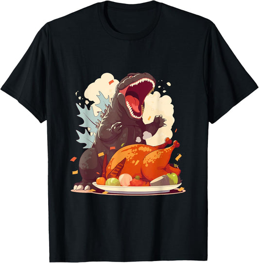 Kaiju Monsters Doing Everyday Things Hangry Kaiju Ready for Thanksgiving Turkey Feast -Adults T-Shirt - T-Shirt | Black