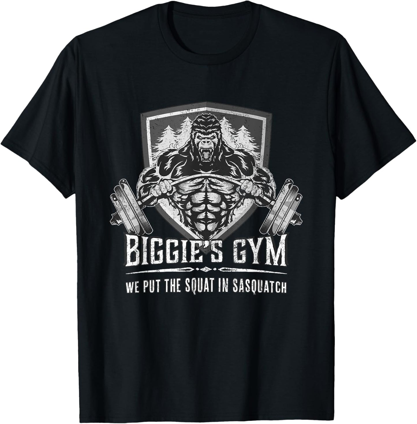 Workout Shirt - Biggie's Gym Puts Squat in Sasquatch T-Shirt - T-Shirt | Black