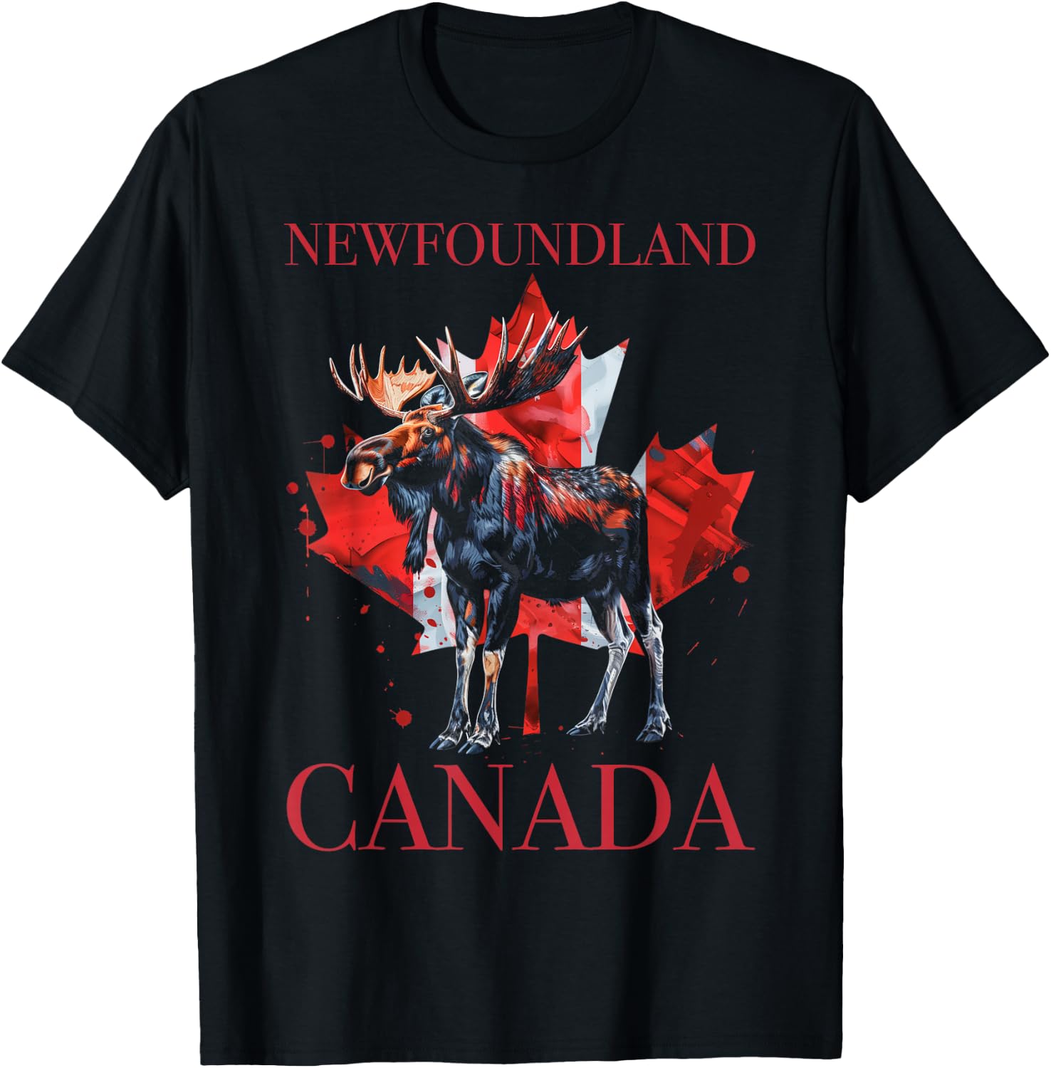 Newfoundland Moose Canada Maple Leaf Canadian Flag T-Shirt - T-Shirt | Black