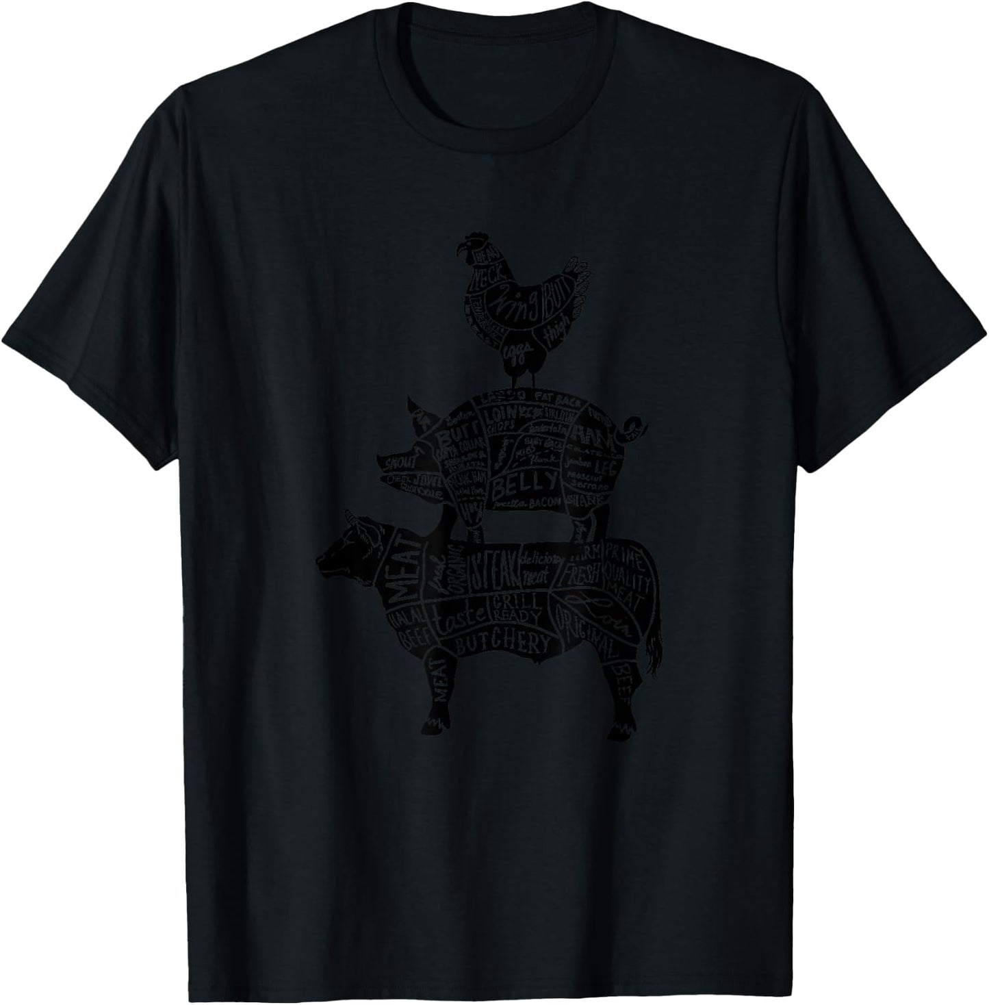 Cow Pig Chicken Parts Retro Beef Pork Poultry Meat Cuts Gift T-Shirt - T-Shirt | Black