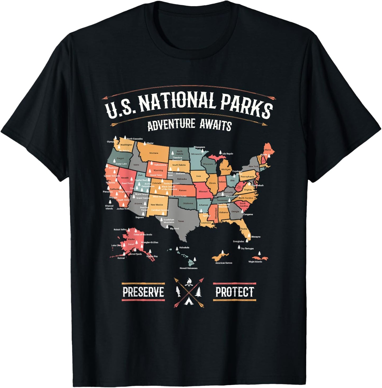 US National Parks Map Preserve Protect Hiking Camping Gift T-Shirt - T-Shirt | Black