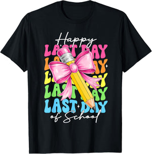 Happy Last Day of School Girls Coquette Bow Pencil Teacher T-Shirt - T-Shirt | Black
