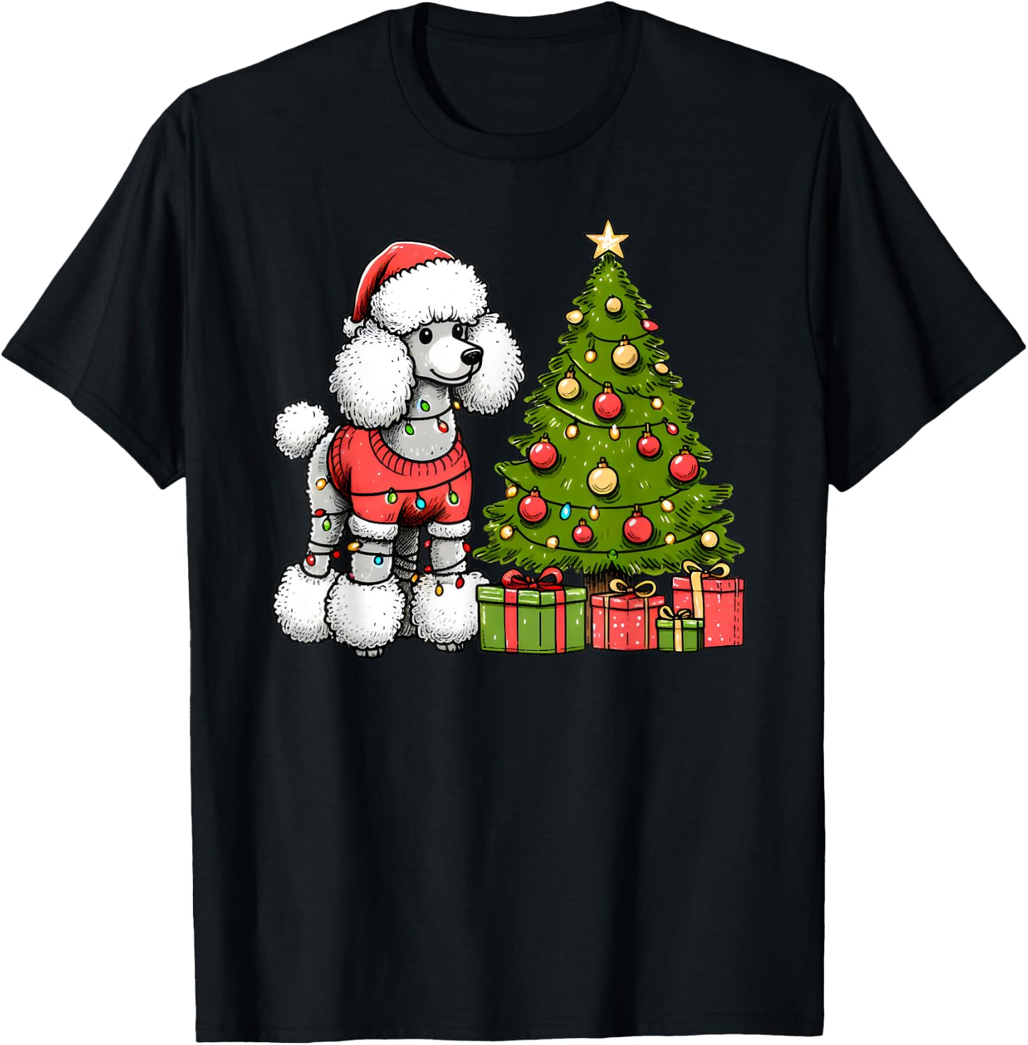 Merry Christmas Poodle Santa Christmas Lights Dog Xmas Tree T-Shirt - T-Shirt | Black