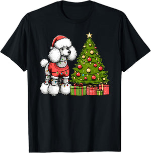 Merry Christmas Poodle Santa Christmas Lights Dog Xmas Tree T-Shirt - T-Shirt | Black