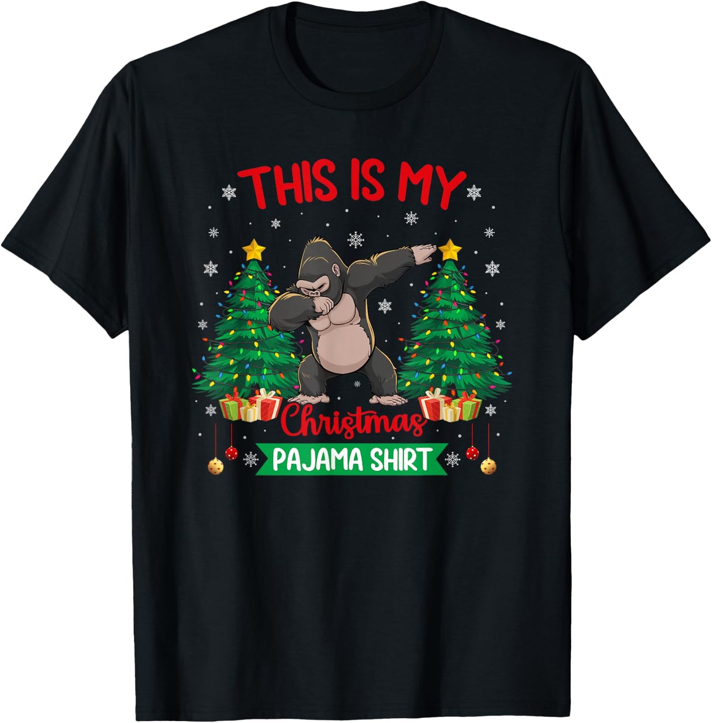Dabbing Gorilla Christmas Tree Lights Matching Pajamas T-Shirt - T-Shirt | Black