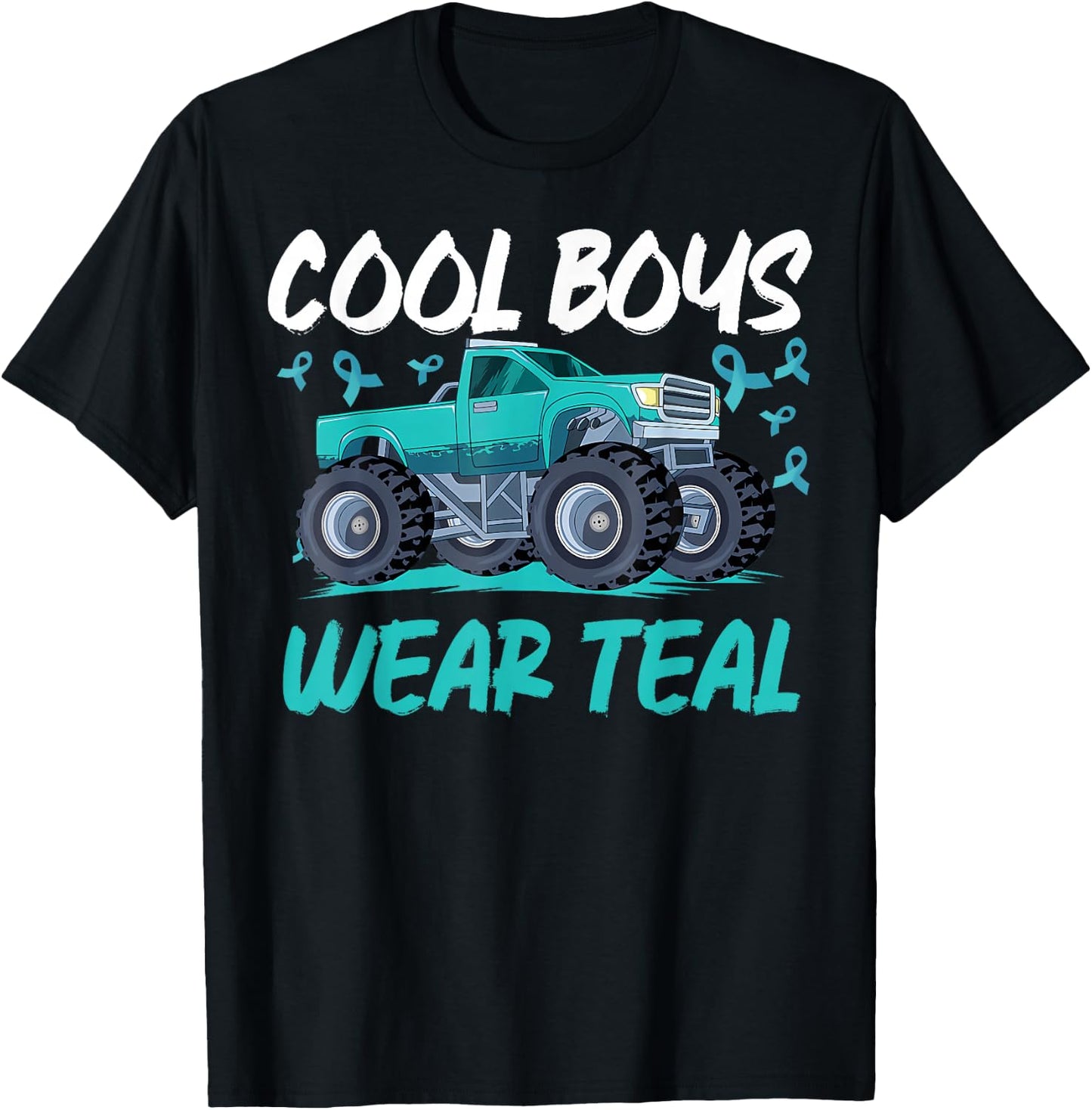 Monster Truck Teal Ribbon Cervical Cancer Awareness T-Shirt - T-Shirt | Black