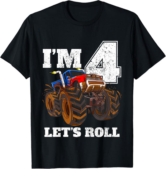 Kids Monster Truck 4th Birthday Boy 4 Four Year Old T-Shirt - T-Shirt | Black