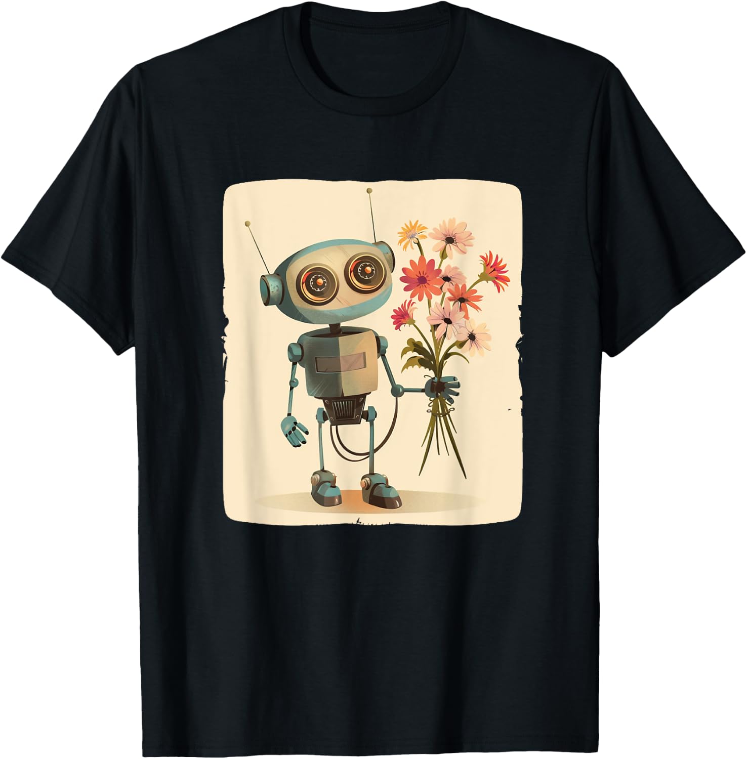 Amazing Robot with Bouquet for a Funny and Charming Look T-Shirt - T-Shirt | Black