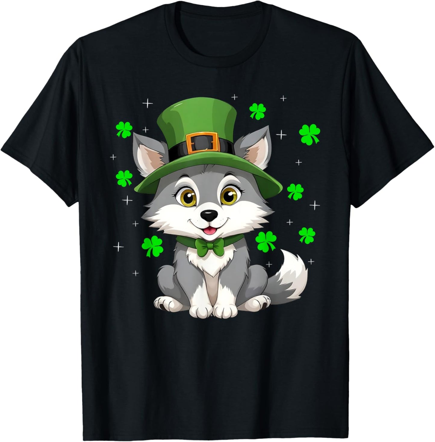 Irish Shamrock Leprechaun Hat Wolf St Patrick's Day T-Shirt - T-Shirt | Black