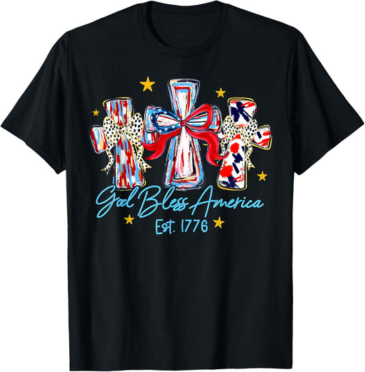 God Bless America Est 1776 Cross Coquette Bow Patriotic T-Shirt - T-Shirt | Black