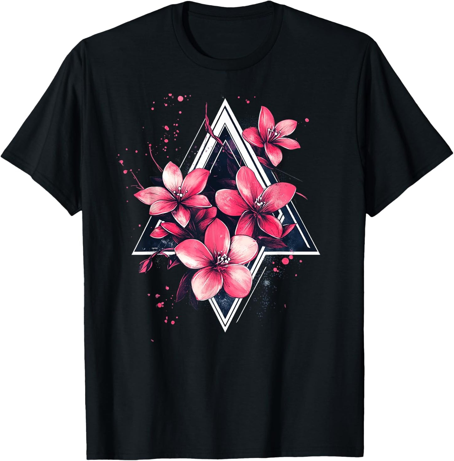 Flowers On Geometric Triangle Shapes Flower T-Shirt - T-Shirt | Black