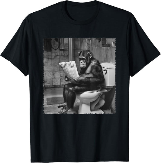 Funny Monkey Toilet Newspaper Session T-Shirt - T-Shirt | Black