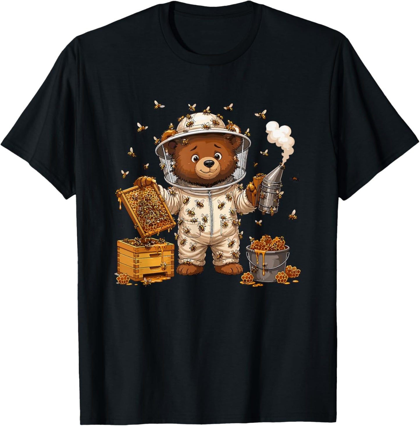 Funny Beekeeper Bear with Honey Bees and Hive T-Shirt - T-Shirt | Black