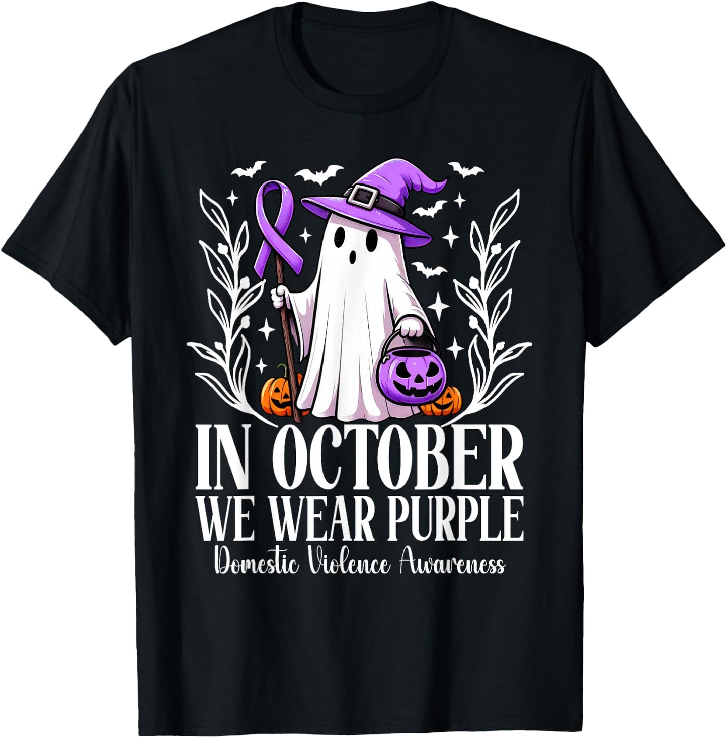 In October We Wear Purple Domestic Violence Ghost Halloween T-Shirt - T-Shirt | Black