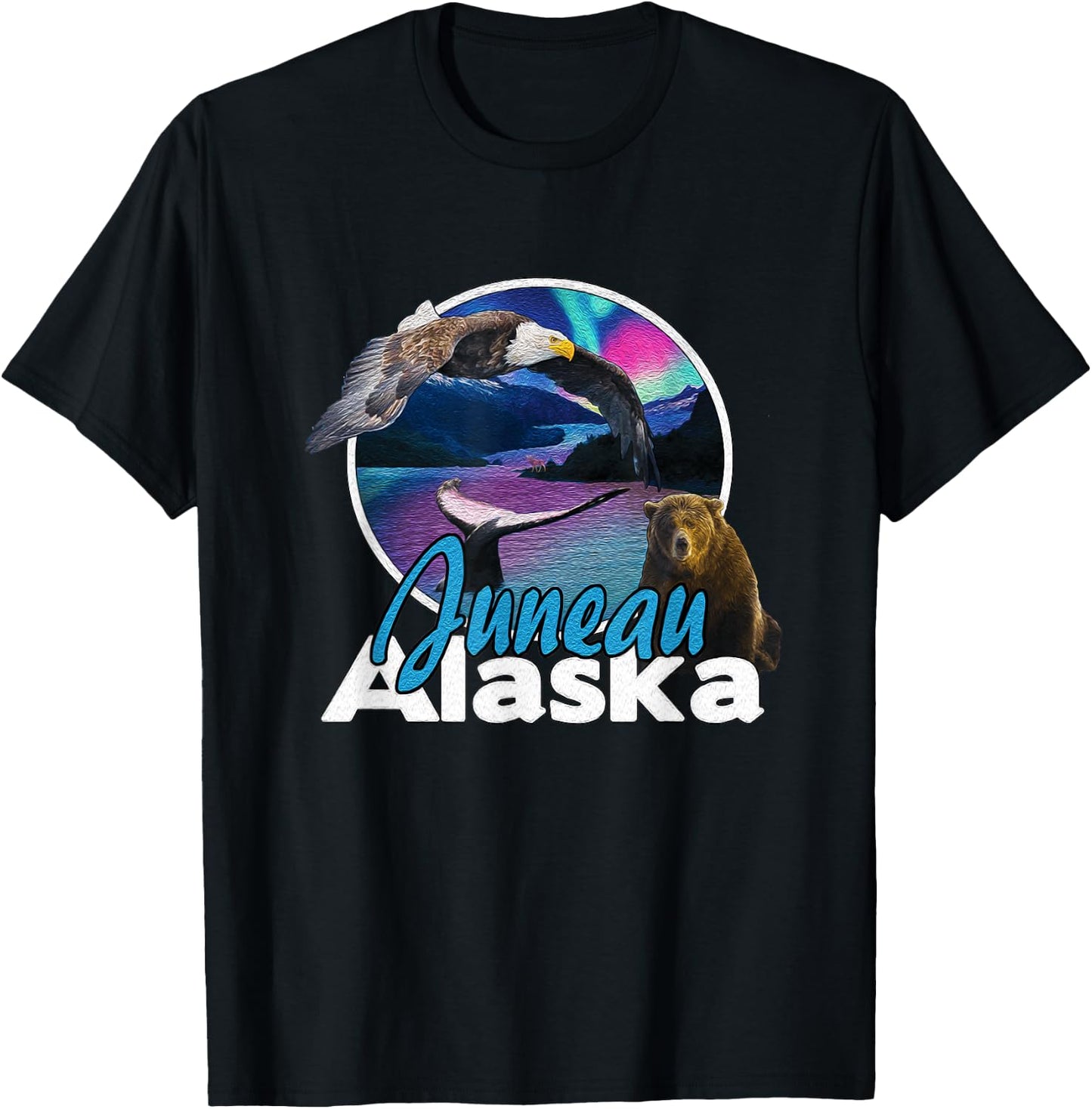 Juneau Alaska Aurora Borealis Eagle Bear Whale Souvenir T-Shirt - T-Shirt | Black