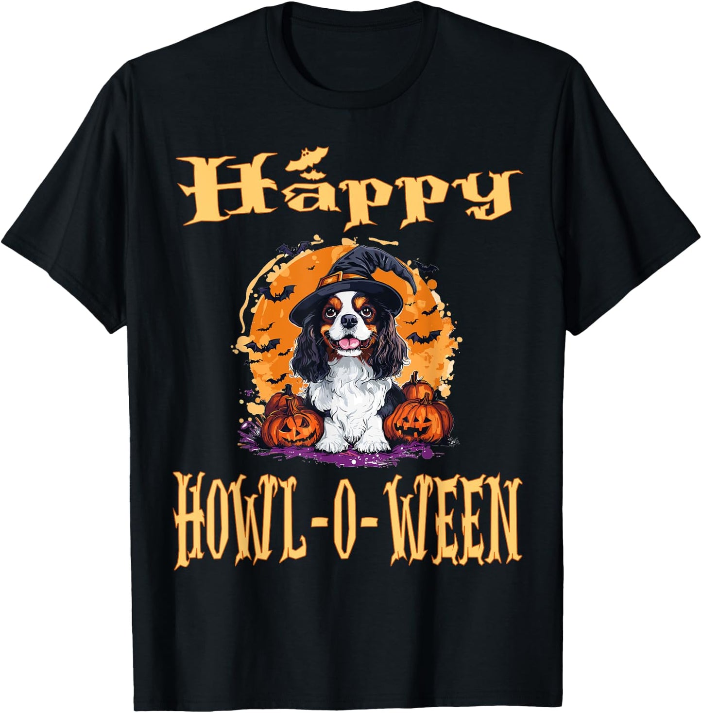 Cavalier King Charles Spaniel Dog Whitch Hat Halloween T-Shirt - T-Shirt | Black