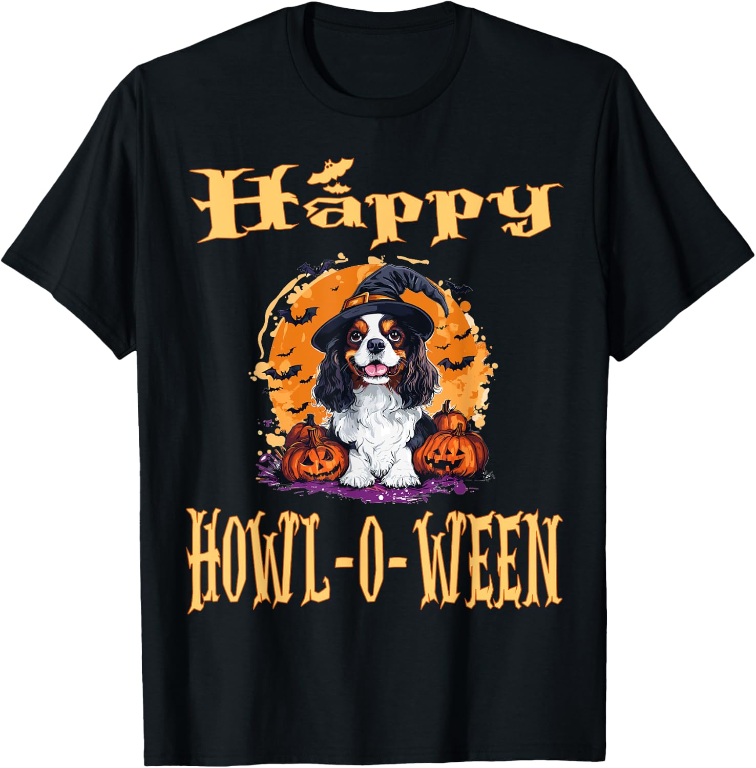 Cavalier King Charles Spaniel Dog Whitch Hat Halloween T-Shirt - T-Shirt | Black