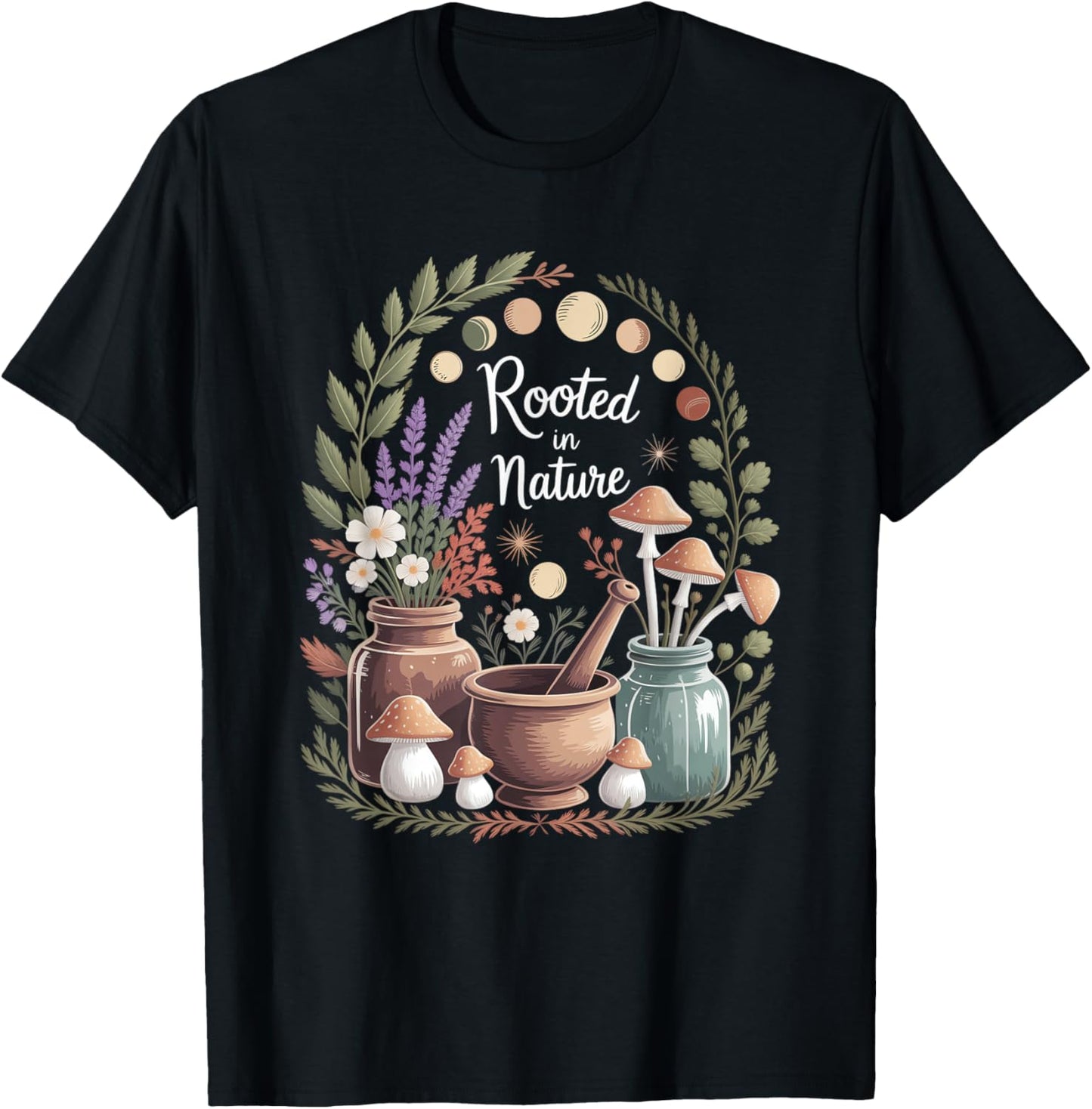 Rooted in Nature Autumn Herbal Witch Moon Magic Witchy T-Shirt - T-Shirt | Black