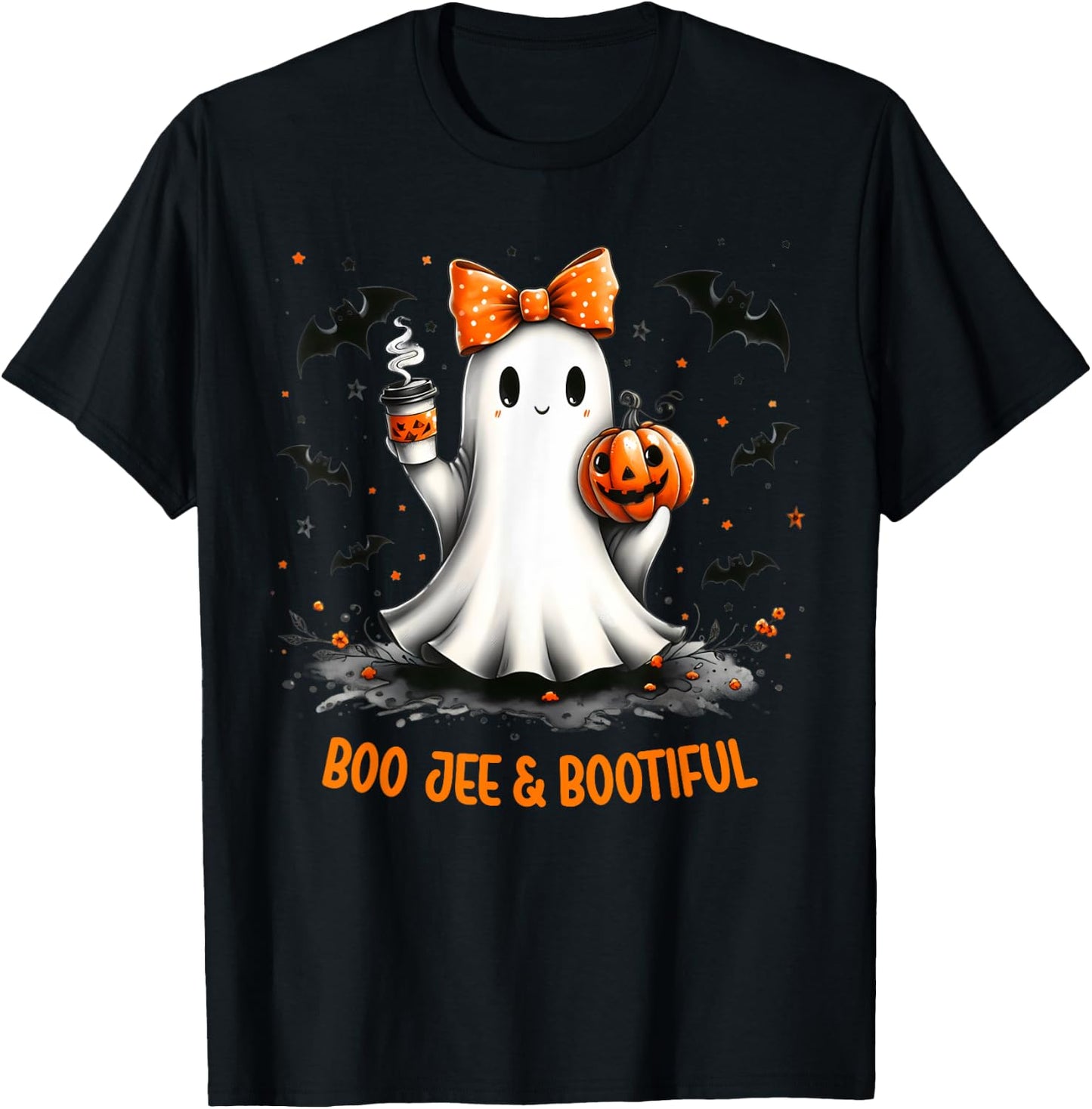 Boo Jee Ghost Drinking Coffee Coquette Bow Halloween Women T-Shirt - T-Shirt | Black