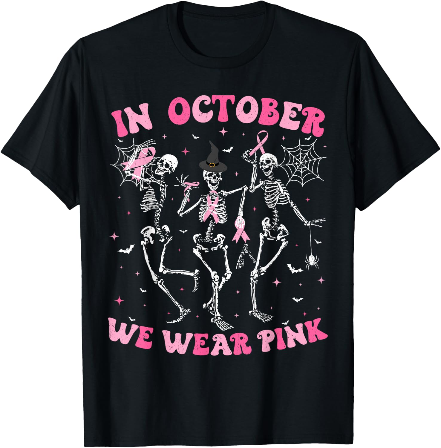 In October We Wear Pink Halloween Breast Cancer Skeleton T-Shirt - T-Shirt | Black