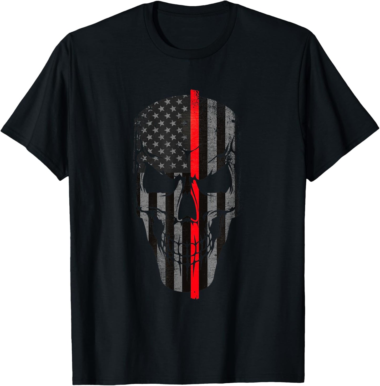 Thin Red Line Firefighter American Flag Skull T-Shirt - T-Shirt | Black