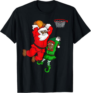 Basketball Black African American Santa Claus Dunk Elf T-Shirt - T-Shirt | Black
