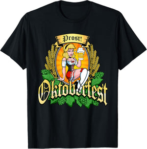 Oktoberfest Prost Sexy Pin Up Model Bavarian Beer Maid Hops T-Shirt - T-Shirt | Black