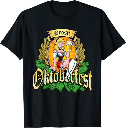 Oktoberfest Prost Sexy Pin Up Model Bavarian Beer Maid Hops T-Shirt - T-Shirt | Black