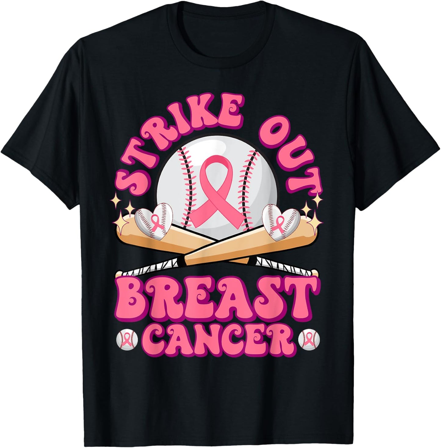Strike Out Breast Cancer Awareness Pink October Baseball T-Shirt - T-Shirt | Black