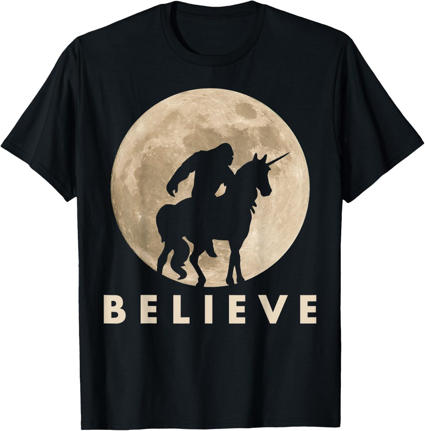 Bigfoot Riding a Unicorn Against a Full Moon Shirt, Believe! T-Shirt - T-Shirt | Black