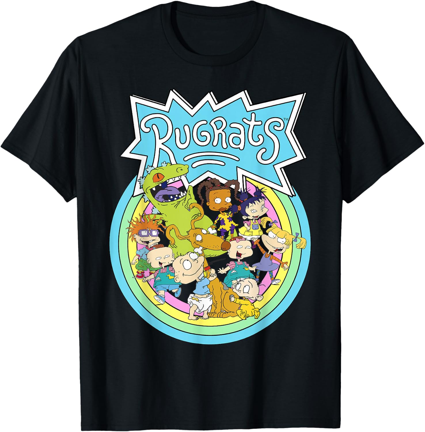 Rugrats Group Rainbow Circles Classic Title Graphic T-Shirt - T-Shirt | Black