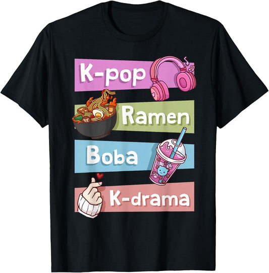 K-Pop K-Drama Ramen Boba Tea Bubble Tea Korean Pop Music T-Shirt - T-Shirt | Black