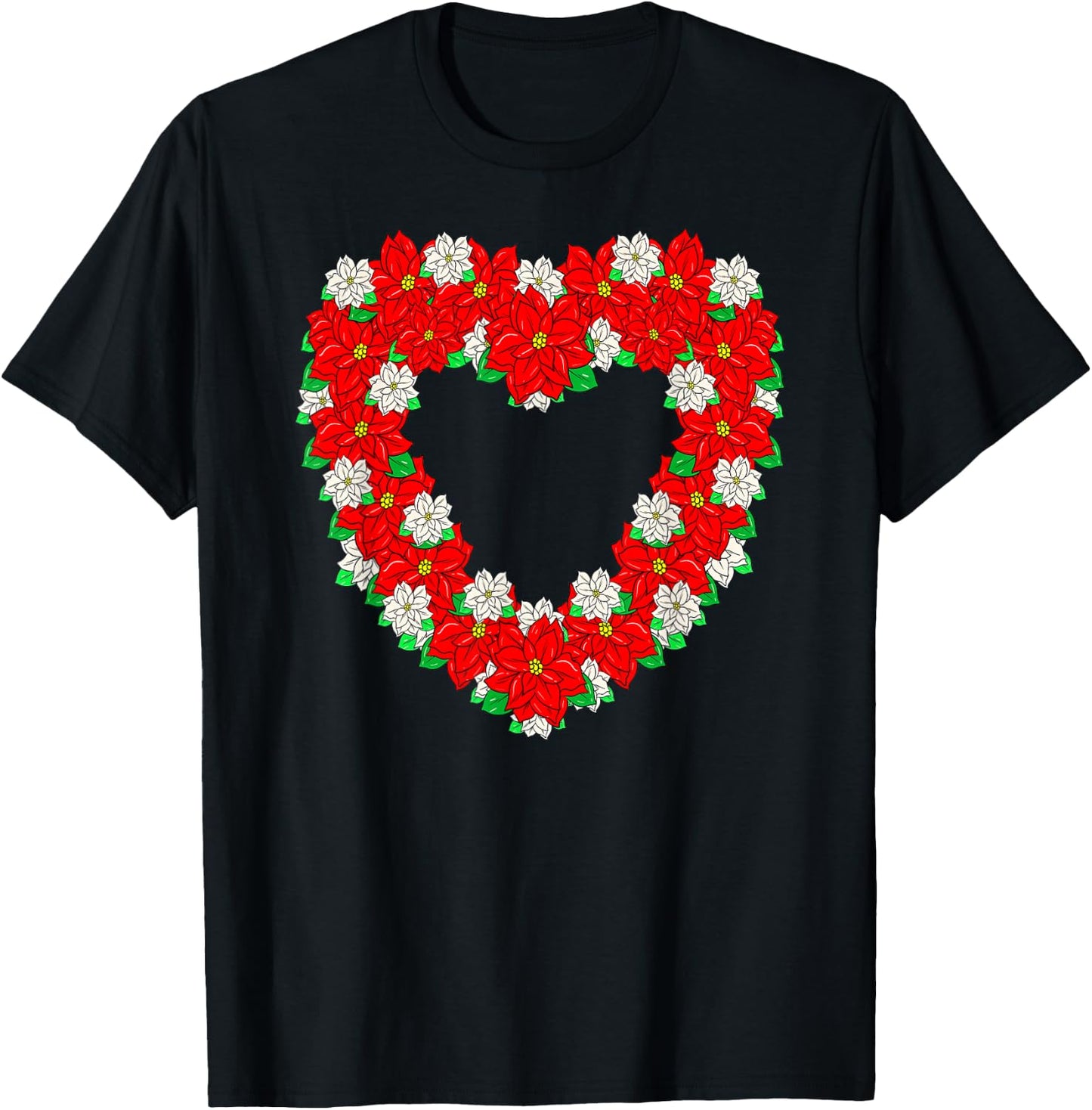 Pretty Poinsettia Christmas Flower Heart Wreath Cute T-Shirt - T-Shirt | Black