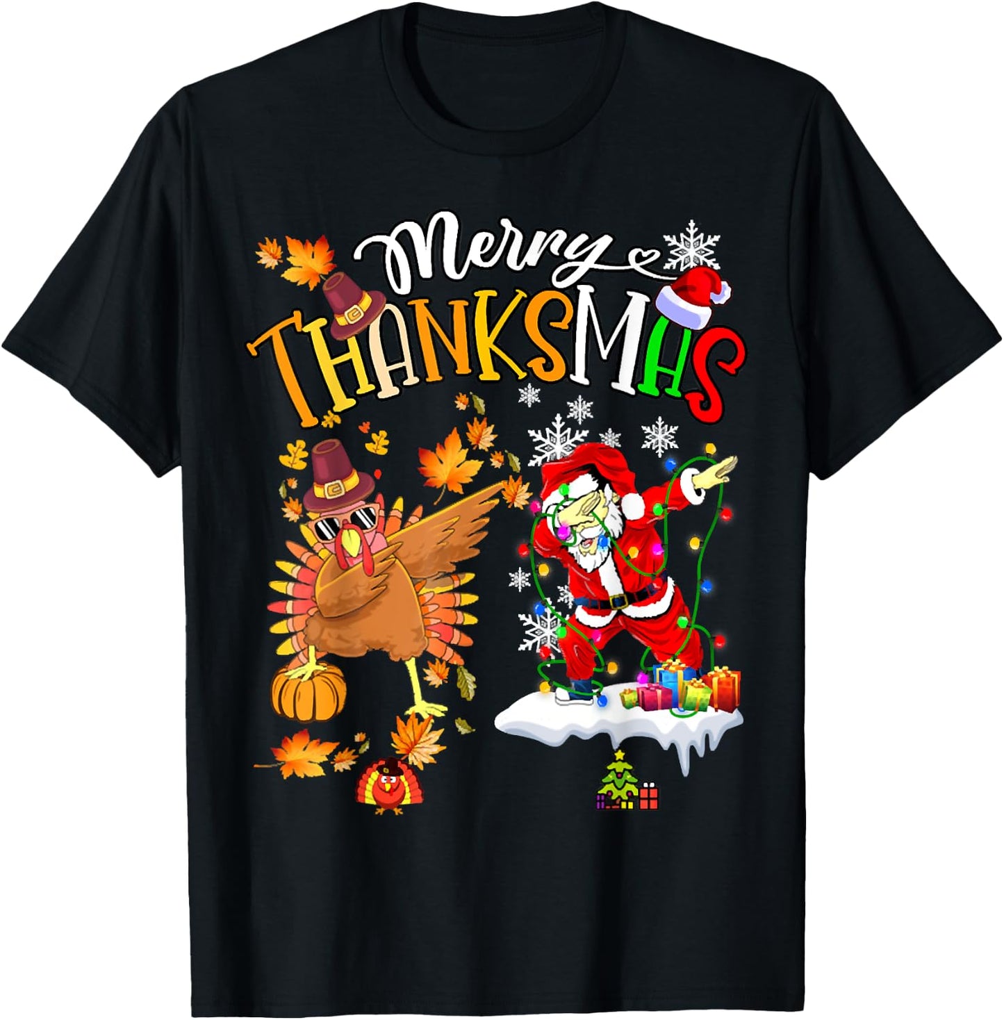 Merry Thanksmas Thanksgiving Christmas, Turkey Santa Dabbing T-Shirt - T-Shirt | Black