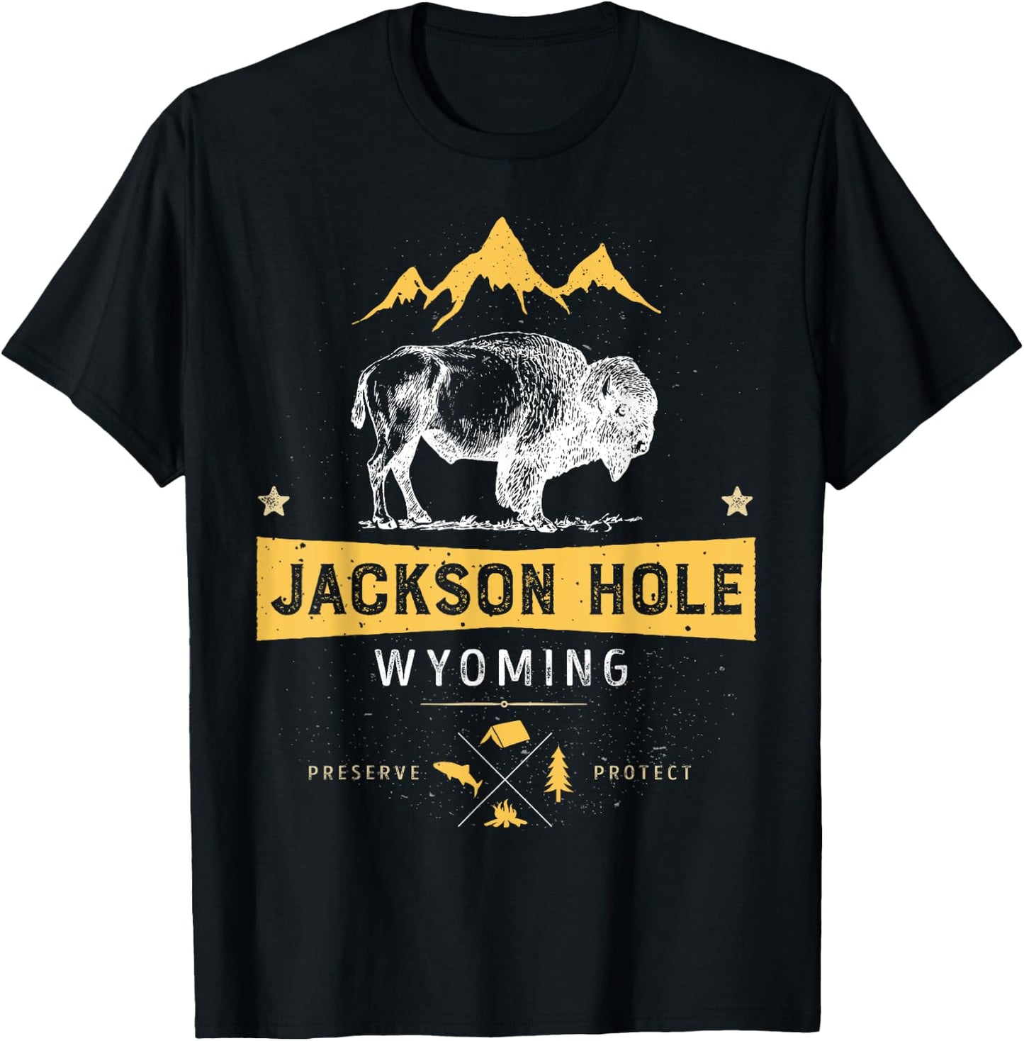 Jackson Hole T Shirt Wyoming Vintage Bison Buffalo Men Women T-Shirt - T-Shirt | Black