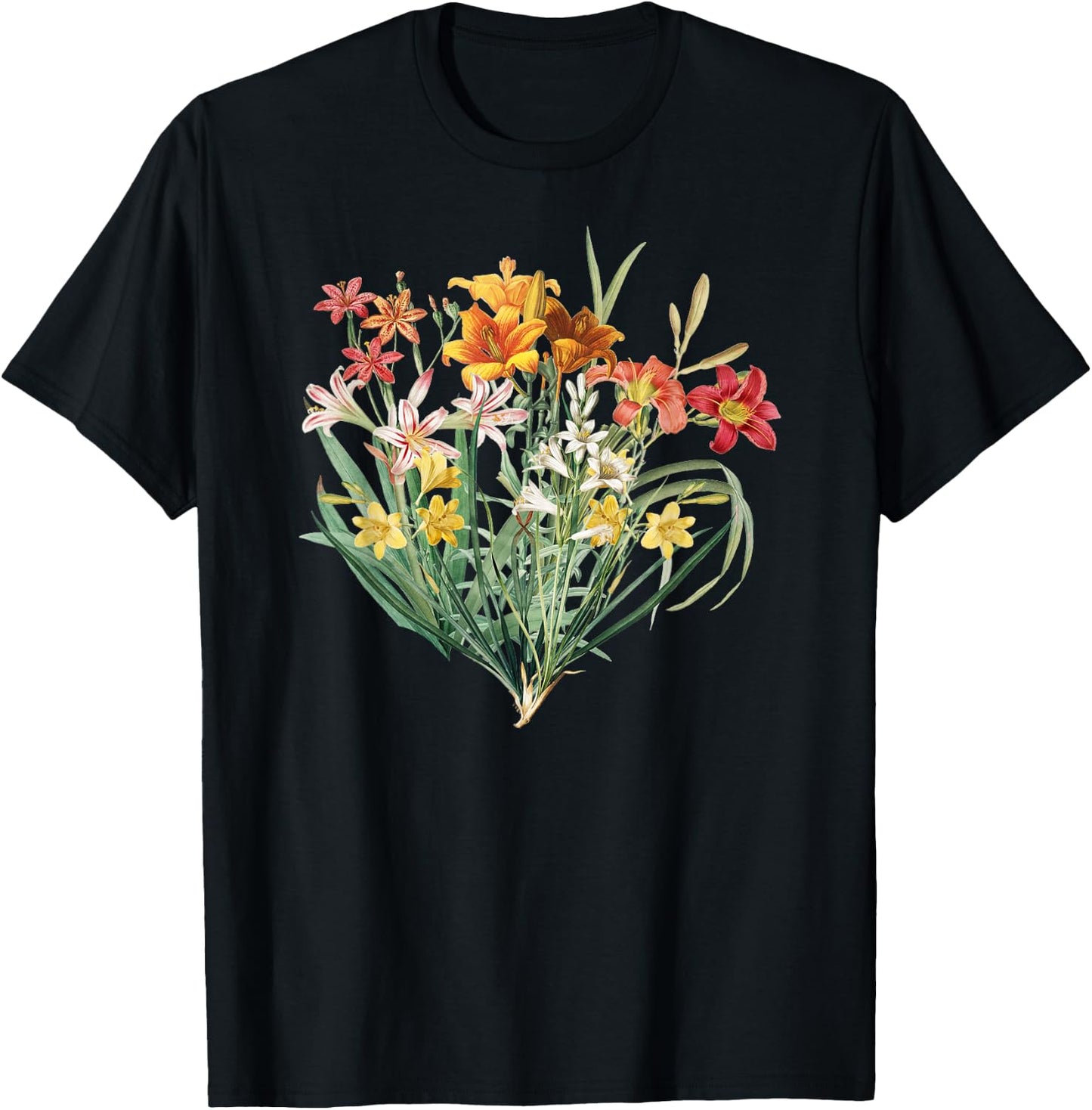 Variety of Lillies Graphic Flower Print Flowered T-Shirt - T-Shirt | Black