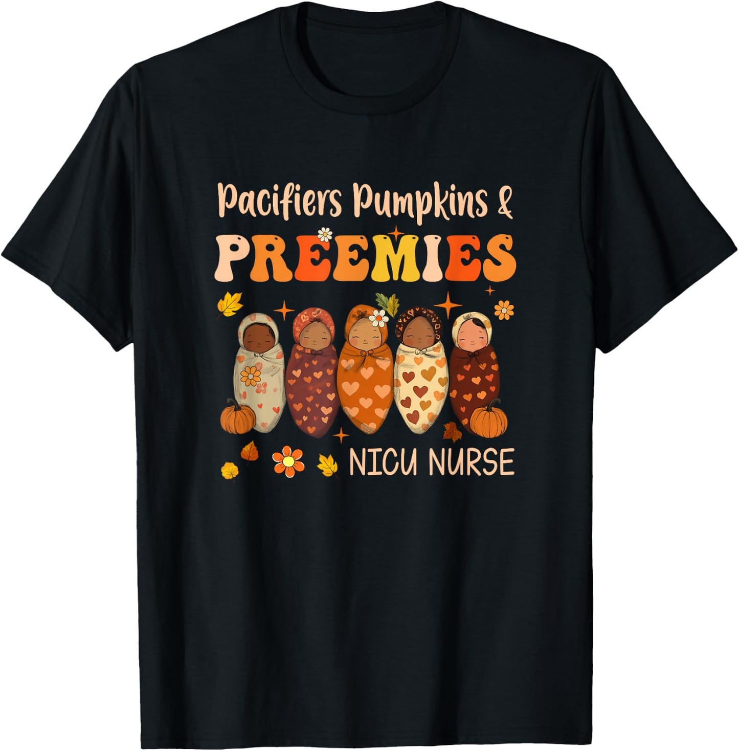 Retro Pacifiers Pumpkins Preemies Fall Nicu Nurse Halloween T-Shirt - T-Shirt | Black